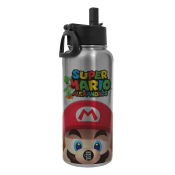 Super mario head, Μεταλλικό παγούρι θερμός Silver με καλαμάκι και χερούλι (Stainless steel), διπλού τοιχώματος, 950ml