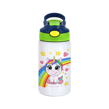 Unicorn baby με όνομα, Children's hot water bottle, stainless steel, with safety straw, green, blue (350ml)