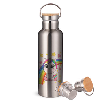 Unicorn baby με όνομα, Stainless steel Silver with wooden lid (bamboo), double wall, 750ml