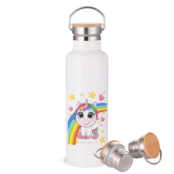 Unicorn baby με όνομα, Stainless steel White with wooden lid (bamboo), double wall, 750ml