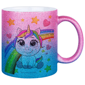 Unicorn baby με όνομα, Κούπα Χρυσή/Μπλε Glitter, κεραμική, 330ml