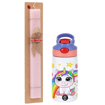 Unicorn baby με όνομα, Easter Set, Children's thermal stainless steel water bottle with safety straw, pink/purple (350ml) & Easter scented flat candle (30cm) (PINK)