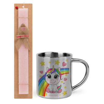 Unicorn baby με όνομα, Easter Set, metallic thermal cup (300ml) & aromatic flat Easter candle (30cm) (PINK)