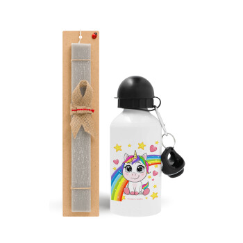 Unicorn baby με όνομα, Easter Set, metallic aluminum water bottle (500ml) & aromatic flat Easter candle (30cm) (GRAY)