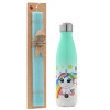 Easter Set, Metallic green/white thermos (Stainless steel), double-walled, 500ml & scented flat Easter candle (30cm) (TURQUOISE)