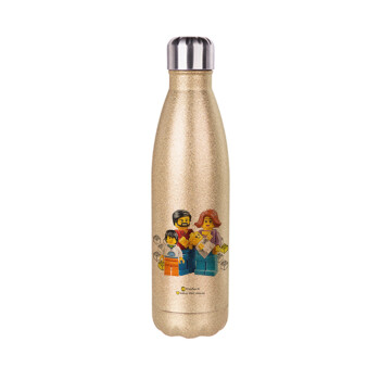 Τύπου Lego family, Glitter gold stainless steel thermos bottle, double-walled, 500ml