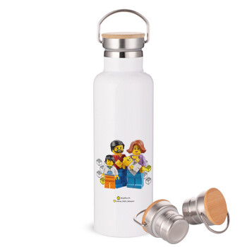 Τύπου Lego family, Stainless steel White with wooden lid (bamboo), double wall, 750ml