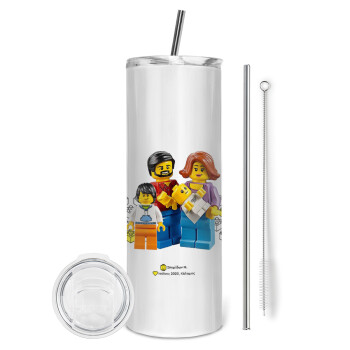 Τύπου Lego family, Eco friendly ποτήρι θερμό (tumbler) από ανοξείδωτο ατσάλι 600ml, με μεταλλικό καλαμάκι & βούρτσα καθαρισμού