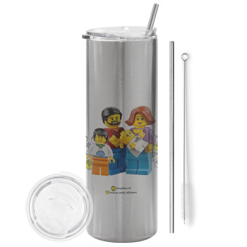 Τύπου Lego family, Eco friendly stainless steel Silver tumbler 600ml, with metal straw & cleaning brush