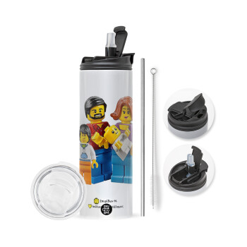 Τύπου Lego family, Travel Tumbler θερμό με διπλό καπάκι, μεταλλικό καλαμάκι και βούρτσα καθαρισμού (Ανωξείδωτο 304 Food grade, BPA free, 600ml)