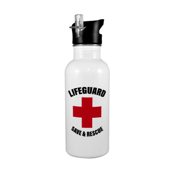 Lifeguard Save & Rescue, White water bottle with straw, stainless steel 600ml