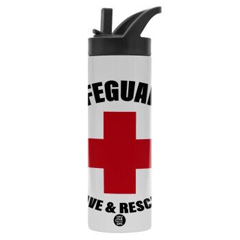 Lifeguard Save & Rescue, Metallic thermos bottle with straw & handle, stainless steel (Stainless steel 304), double-walled, 600ml.