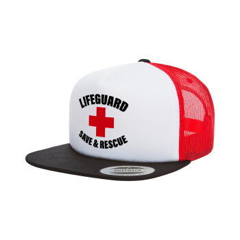 Lifeguard Save & Rescue, Adult Foam Flat Snapback with Mesh Black-White-Red (POLYESTER, ADULT, UNISEX, ONE SIZE)