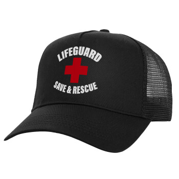 Lifeguard Save & Rescue, Structured Trucker Adult Hat, with Mesh, Black (100% COTTON, ADULT, UNISEX, ONE SIZE)