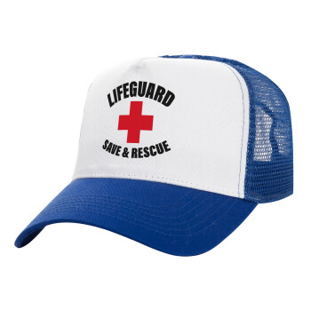 Lifeguard Save & Rescue, Adult Structured Trucker Hat, with Mesh, WHITE/BLUE (100% COTTON, ADULT, UNISEX, ONE SIZE)