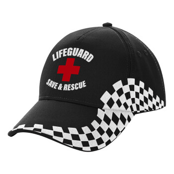 Lifeguard Save & Rescue, Adult Ultimate BLACK RACING Cap, (100% COTTON DRILL, ADULT, UNISEX, ONE SIZE)