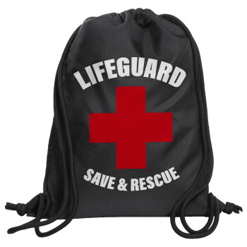 Lifeguard Save & Rescue, Τσάντα πλάτης πουγκί GYMBAG Μαύρη, με τσέπη (40x48cm) & χονδρά κορδόνια