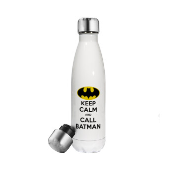 KEEP CALM & Call BATMAN, Μεταλλικό παγούρι θερμός Λευκό (Stainless steel), διπλού τοιχώματος, 500ml