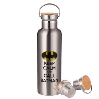 KEEP CALM & Call BATMAN, Stainless steel Silver with wooden lid (bamboo), double wall, 750ml