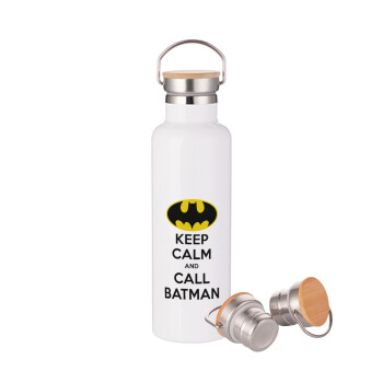 KEEP CALM & Call BATMAN, Stainless steel White with wooden lid (bamboo), double wall, 750ml