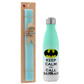 KEEP CALM & Call BATMAN, Easter Set, Metallic green/white thermos (Stainless steel), double-walled, 500ml & scented flat Easter candle (30cm) (TURQUOISE)