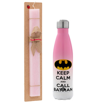 KEEP CALM & Call BATMAN, Easter Set, Metallic pink/white (Stainless steel) thermos, double-walled, 500ml & aromatic flat Easter candle (30cm) (PINK)