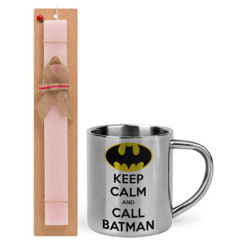 KEEP CALM & Call BATMAN, Πασχαλινό Σετ, μεταλλική κούπα θερμό (300ml) & πασχαλινή λαμπάδα αρωματική πλακέ (30cm) (ΡΟΖ)