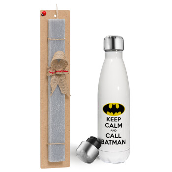 KEEP CALM & Call BATMAN, Easter candle, metallic white thermos bottle (500ml) & aromatic flat candle (30cm) (GRAY)