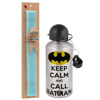 KEEP CALM & Call BATMAN, Easter Set, metallic silver aluminum water bottle (500ml) & scented flat Easter candle (30cm) (TURQUOISE)