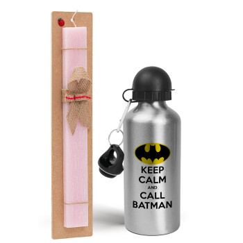 KEEP CALM & Call BATMAN, Easter Set, metallic Silver aluminum water bottle (500ml) & scented flat Easter candle (30cm) (PINK)