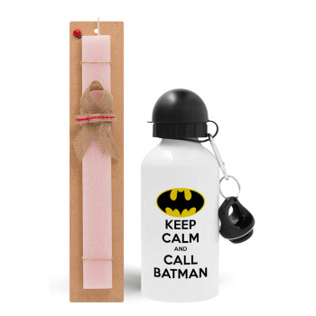 KEEP CALM & Call BATMAN, Πασχαλινό Σετ, παγούρι μεταλλικό αλουμινίου (500ml) & πασχαλινή λαμπάδα αρωματική πλακέ (30cm) (ΡΟΖ)