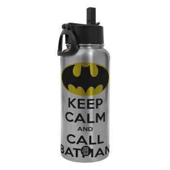 KEEP CALM & Call BATMAN, Μεταλλικό παγούρι θερμός Silver με καλαμάκι και χερούλι (Stainless steel), διπλού τοιχώματος, 950ml