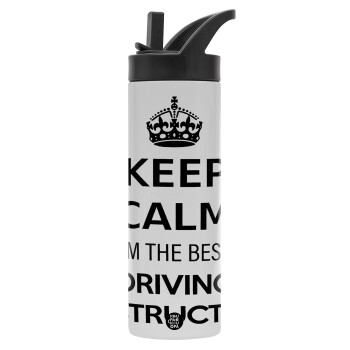 KEEP CALM I'M THE BEST DRIVING INSTRUCTOR, Μεταλλικό παγούρι θερμός με καλαμάκι & χειρολαβή, ανοξείδωτο ατσάλι (Stainless steel 304), διπλού τοιχώματος, 600ml