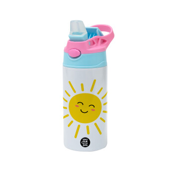 Happy sun, Children's hot water bottle, stainless steel, with safety straw, Pink/BlueCiel (360ml) BPA FREE