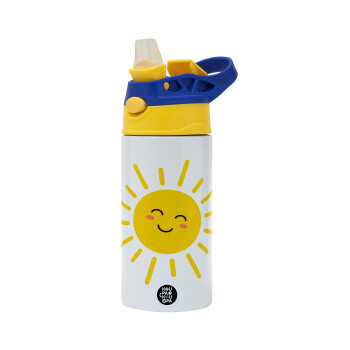 Happy sun, Children's hot water bottle, stainless steel, with safety straw, green, blue (360ml) BPA FREE