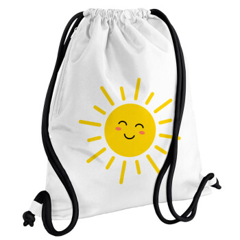 Happy sun, Backpack pouch GYMBAG white, with pocket (40x48cm) & thick cords