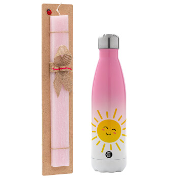 Happy sun, Easter Set, Metallic pink/white (Stainless steel) thermos, double-walled, 500ml & aromatic flat Easter candle (30cm) (PINK)