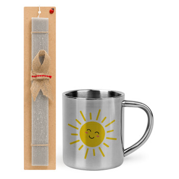 Happy sun, Easter Set, metallic thermal cup (300ml) & Easter aromatic flat candle (30cm) (GRAY)