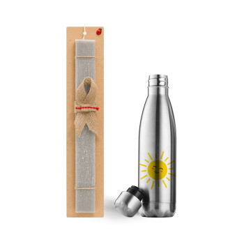 Happy sun, Easter Set, metallic stainless thermos flask (500ml) & scented flat Easter candle (30cm) (GRAY)