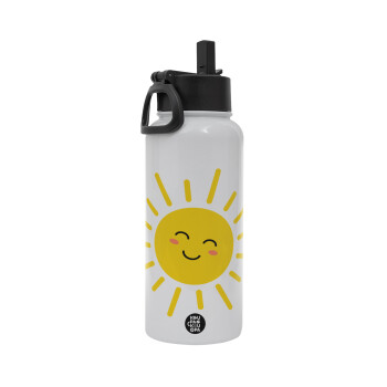 Happy sun, Metal mug thermo White with Straw and Spout Lid (Stainless steel), double wall, 950ml