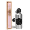 Easter Set, metallic Silver aluminum water bottle (500ml) & scented flat Easter candle (30cm) (PINK)