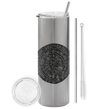 Δίσκος Φαιστού, Eco friendly stainless steel Silver tumbler 600ml, with metal straw & cleaning brush