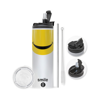 Smile Mug, Travel Tumbler θερμό με διπλό καπάκι, μεταλλικό καλαμάκι και βούρτσα καθαρισμού (Ανωξείδωτο 304 Food grade, BPA free, 600ml)