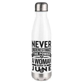 Never Underestimate the poer of a Woman born in..., Metal mug thermos White (Stainless steel), double wall, 500ml