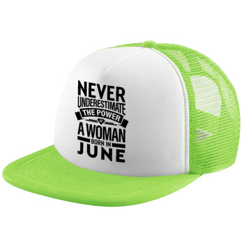Never Underestimate the poer of a Woman born in..., Καπέλο παιδικό Soft Trucker με Δίχτυ ΠΡΑΣΙΝΟ/ΛΕΥΚΟ (POLYESTER, ΠΑΙΔΙΚΟ, ONE SIZE)