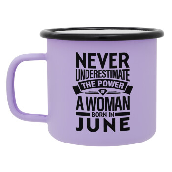 Never Underestimate the poer of a Woman born in..., Κούπα Μεταλλική εμαγιέ ΜΑΤ Light Pastel Purple 360ml