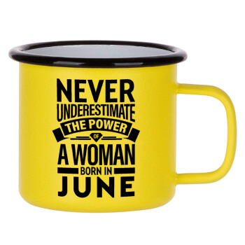 Never Underestimate the poer of a Woman born in..., Metallic enamel MATT Yellow cup 360ml