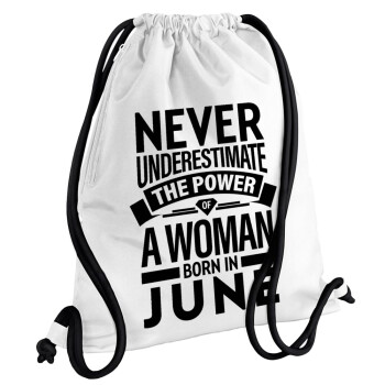 Never Underestimate the poer of a Woman born in..., Backpack pouch GYMBAG white, with pocket (40x48cm) & thick cords