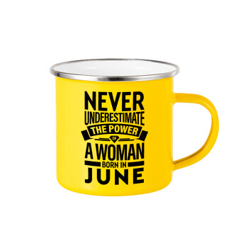 Never Underestimate the poer of a Woman born in..., Yellow Enamel Metallic Cup 360ml