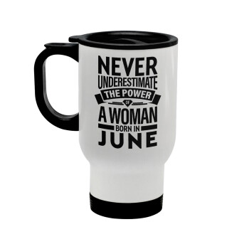 Never Underestimate the poer of a Woman born in..., Stainless steel travel mug with lid, double wall white 450ml